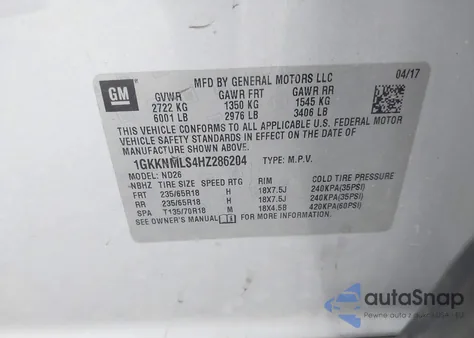 2017 GMC Acadia Slt-1 from USA, damaged, VIN 1GKKNMLS4HZ286204